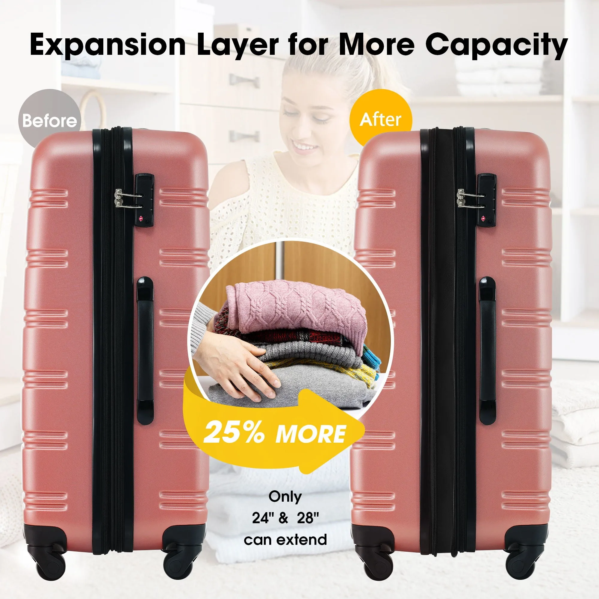 3 Piece Luggage Set Hardside Spinner Suitcase With Tsa Lock 20" 24' 28" Available - Rose Gold