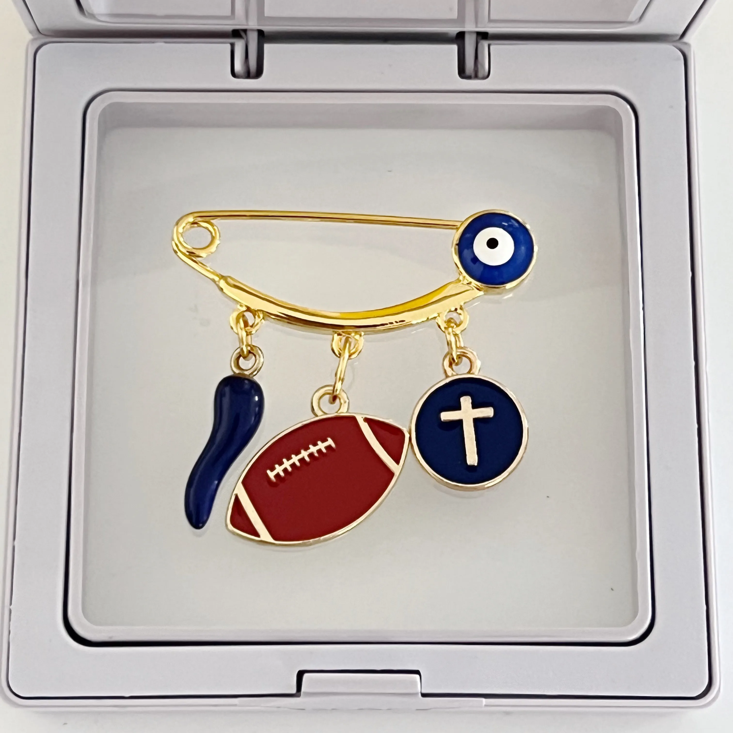 3.8 CM Blue Evil Eye Pin With Football Ball - Gold