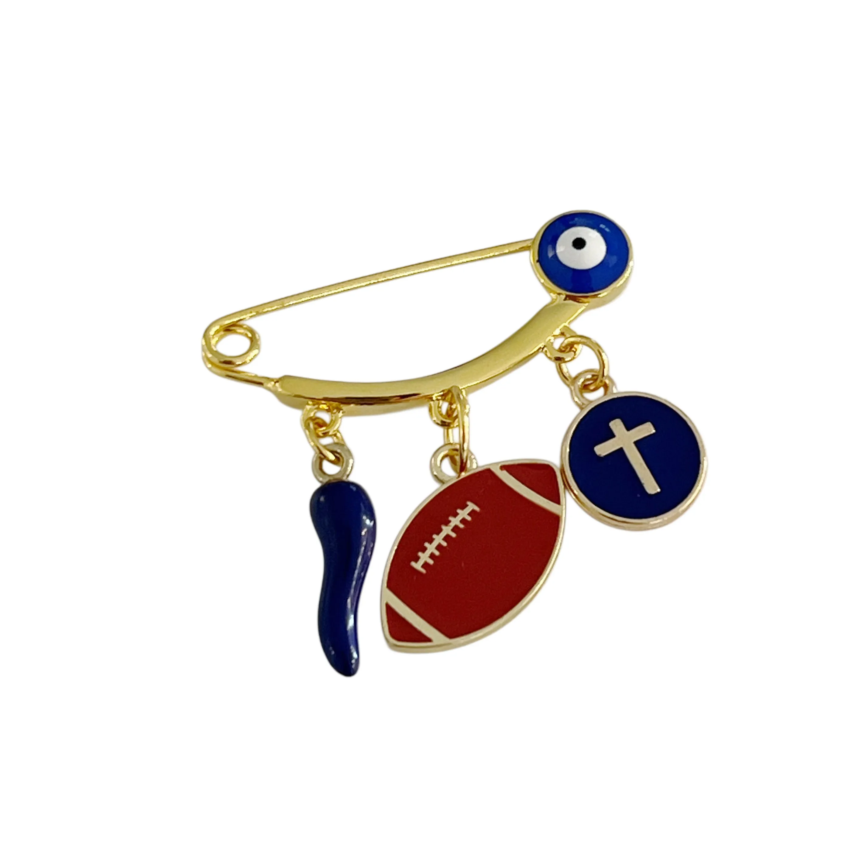 3.8 CM Blue Evil Eye Pin With Football Ball - Gold