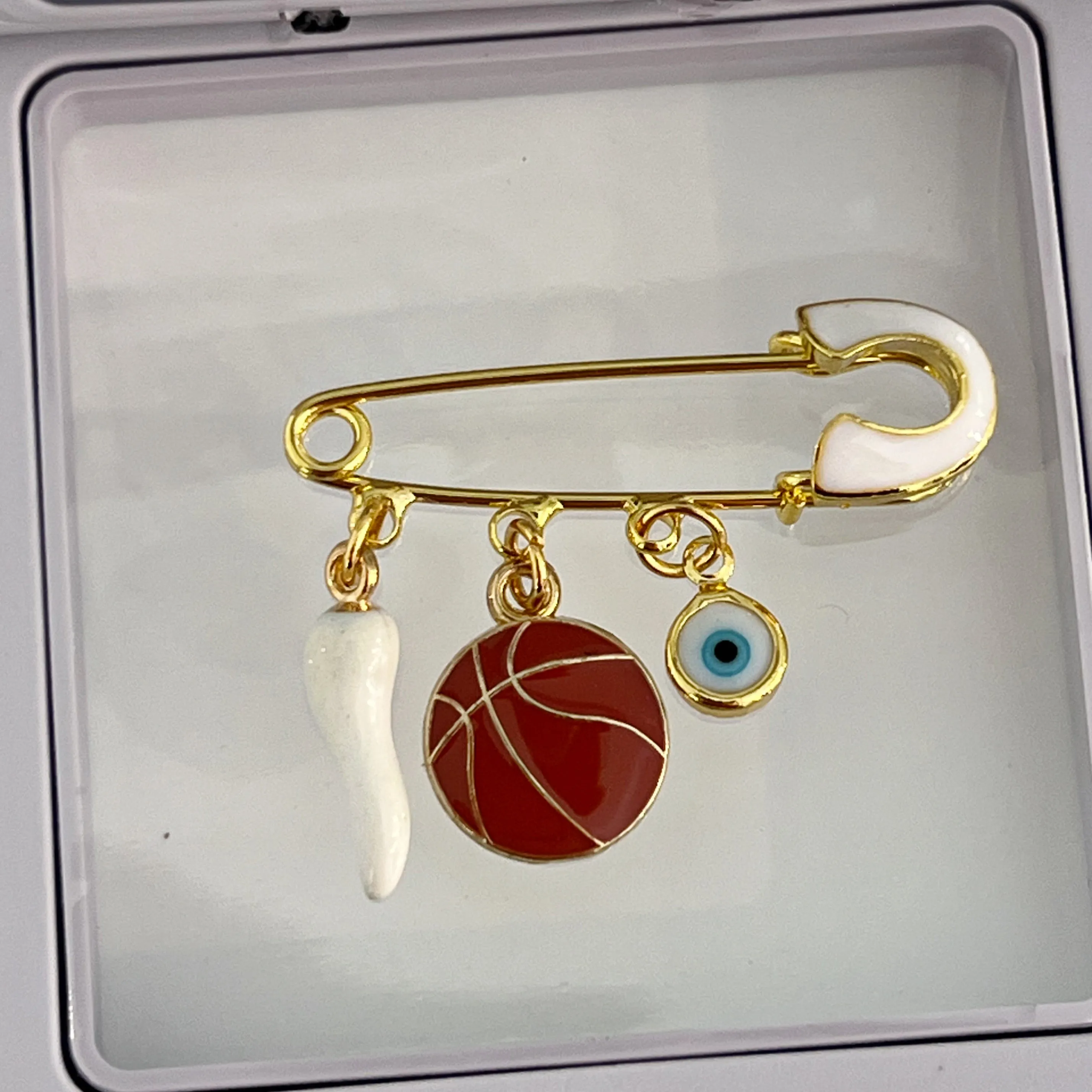 4 CM Enamel White Pin With Basketball Ball Charm - Gold