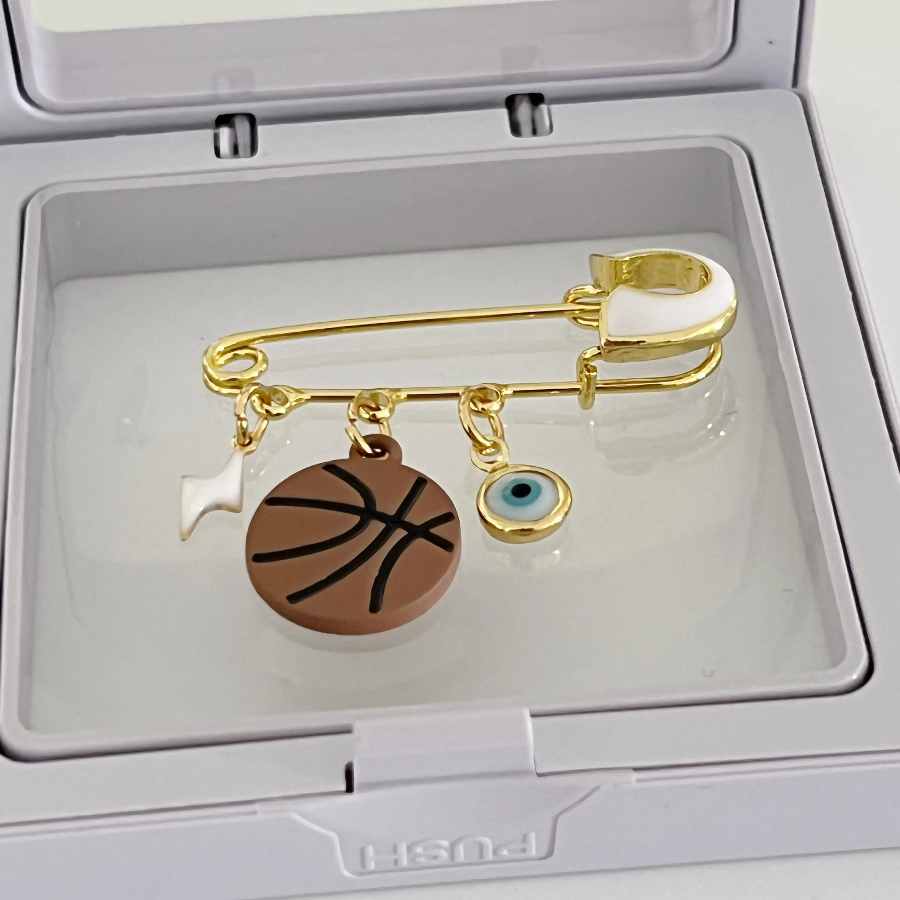 4 CM White Enamel Pin With Basketball Ball - Gold