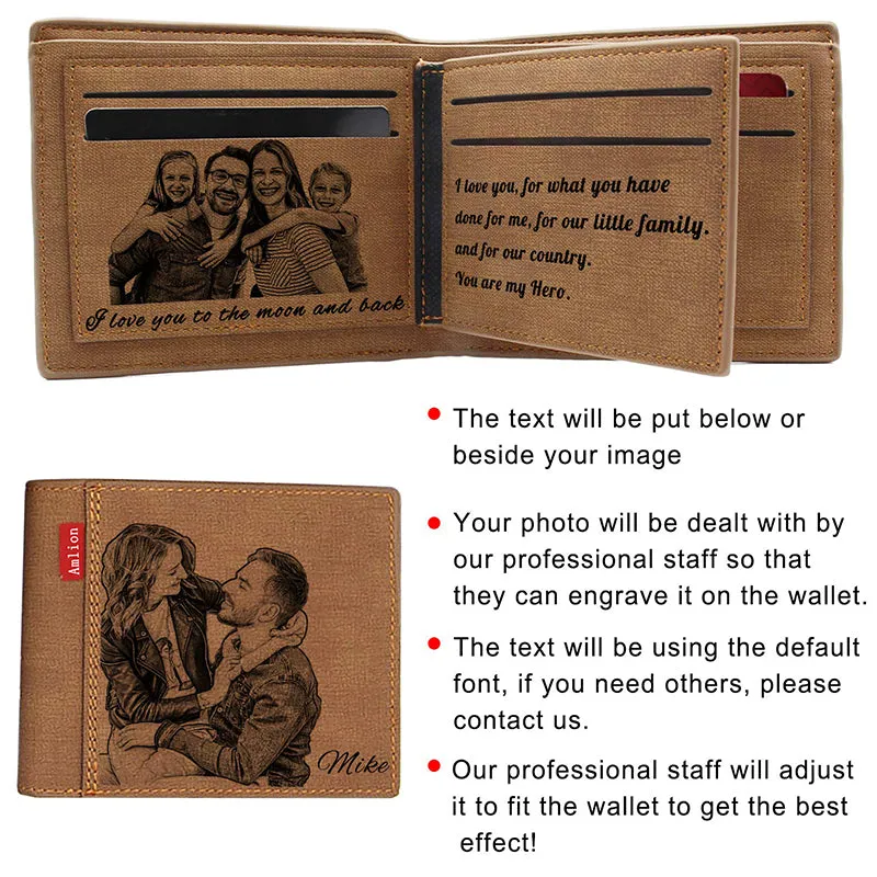 Amlion Custom Engraved Wallet for Fathers Day Gift, Personalized Photo Men Wallets for Him Dad or Son