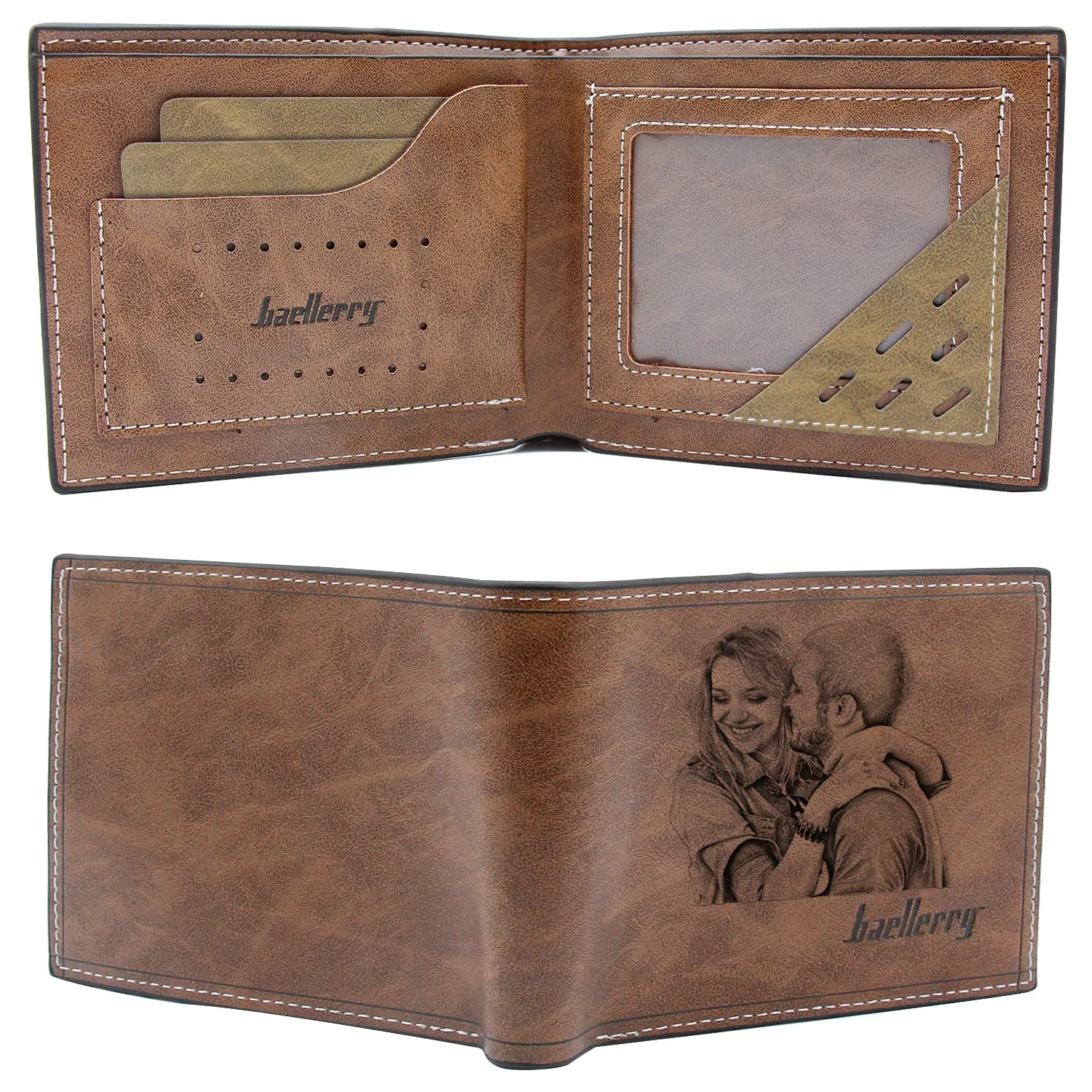 Custom Engraved Wallet, Personalized Photo Men Wallets for Dad Boyfriend Son Him Brown