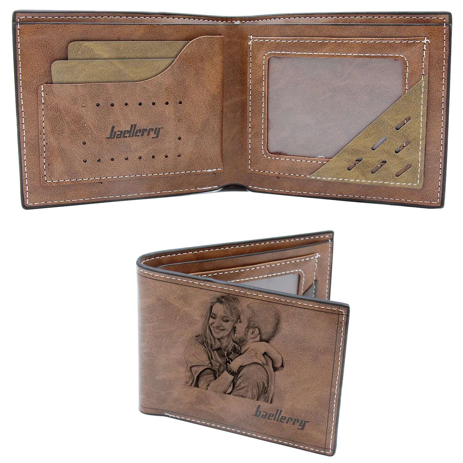 Custom Engraved Wallet, Personalized Photo Men Wallets for Dad Boyfriend Son Him Brown