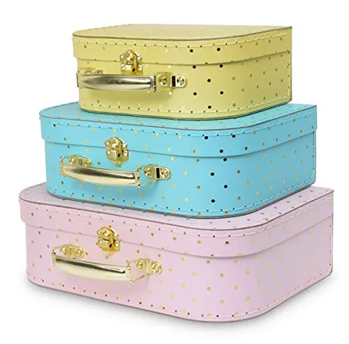 Jewelkeeper Paperboard Suitcases, Set of 3 – Nesting Storage Gift Boxes for Birthday Wedding Easter Nursery Office Decoration Displays Toys Photos – Gold Foil Polka Dot Design