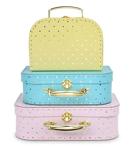 Jewelkeeper Paperboard Suitcases, Set of 3 – Nesting Storage Gift Boxes for Birthday Wedding Easter Nursery Office Decoration Displays Toys Photos – Gold Foil Polka Dot Design