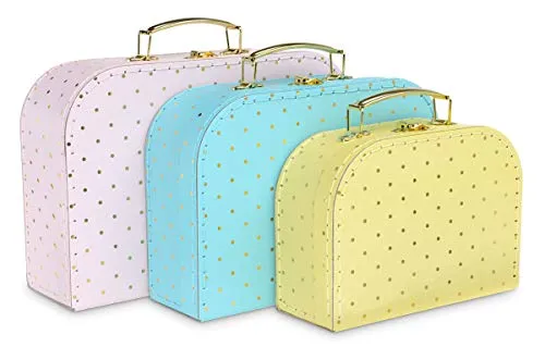 Jewelkeeper Paperboard Suitcases, Set of 3 – Nesting Storage Gift Boxes for Birthday Wedding Easter Nursery Office Decoration Displays Toys Photos – Gold Foil Polka Dot Design