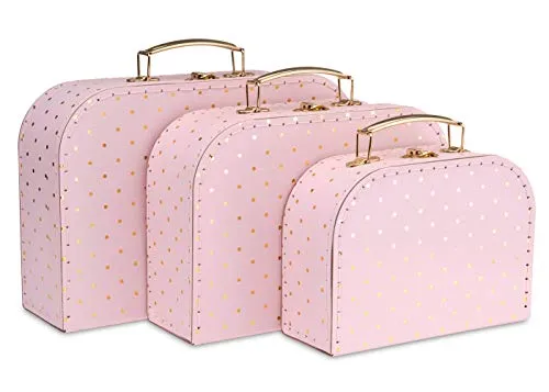 Jewelkeeper Paperboard Suitcases, Set of 3 – Nesting Storage Gift Boxes for Birthday Wedding Easter Nursery Office Decoration Displays Toys Photos – Pink and Gold Dot Design