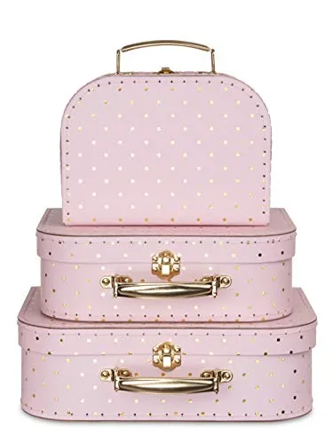 Jewelkeeper Paperboard Suitcases, Set of 3 – Nesting Storage Gift Boxes for Birthday Wedding Easter Nursery Office Decoration Displays Toys Photos – Pink and Gold Dot Design