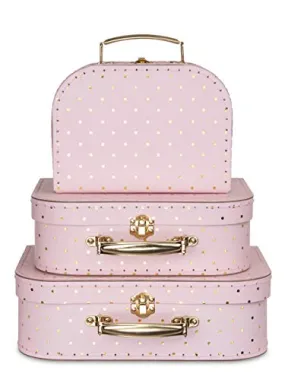 Jewelkeeper Paperboard Suitcases, Set of 3 – Nesting Storage Gift Boxes for Birthday Wedding Easter Nursery Office Decoration Displays Toys Photos – Pink and Gold Dot Design