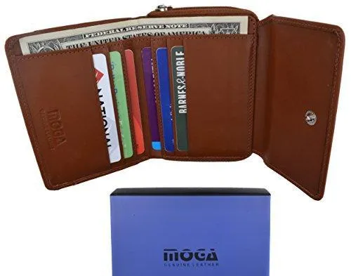 Moga Ladies Genuine Leather Trifold ID Card Holder Wallet With Zippered Compartment Women