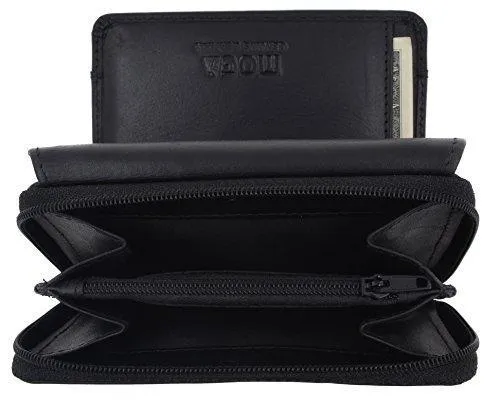 Moga Ladies Genuine Leather Trifold ID Card Holder Wallet With Zippered Compartment Women