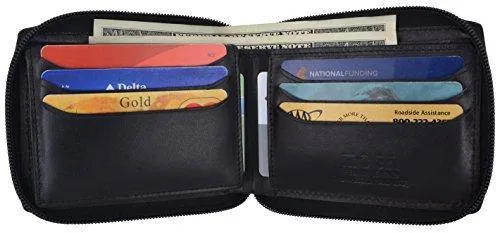 Moga Men's Genuine Leather Short Zip-Around ID Card Holder Bifold Wallet (Brown)