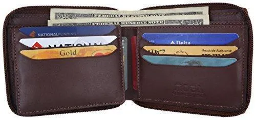 Moga Men's Genuine Leather Short Zip-Around ID Card Holder Bifold Wallet (Brown)