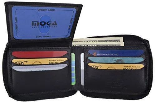 Moga Men's Genuine Leather Short Zip-Around ID Card Holder Bifold Wallet (Brown)