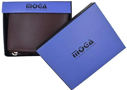 Moga Men's Genuine Leather Short Zip-Around ID Card Holder Bifold Wallet (Brown)