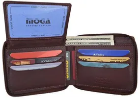 Moga Men's Genuine Leather Short Zip-Around ID Card Holder Bifold Wallet (Brown)