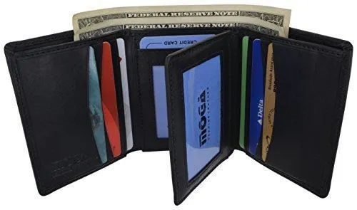 Moga Trifold Genuine Leather Credit Card Holder Wallet for Men with Double ID Window (1, Black)