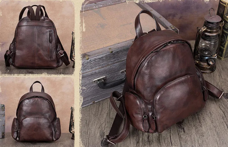 Vintage Womens Small Tan Leather Zip Backpack Purse Trendy Backpacks for Women